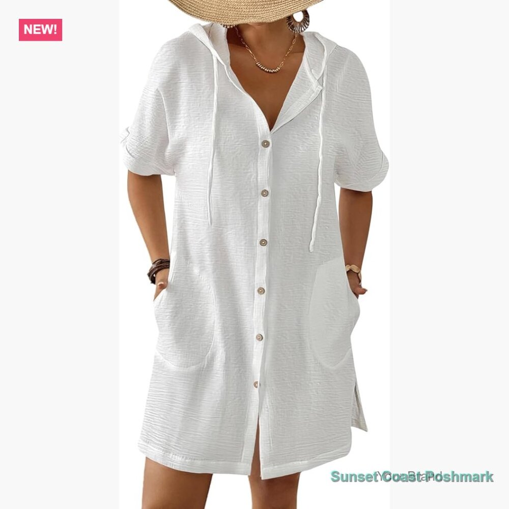 Hooded Beach Coverup With Pockets Button Down Short Sleeve